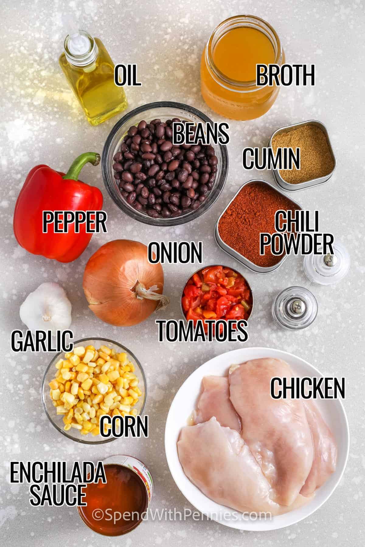 labelled ingredients for chicken enchilada soup