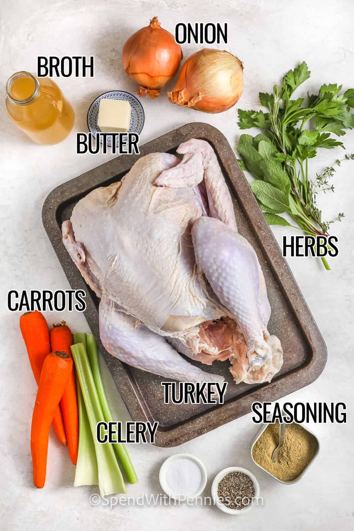 onion , broth , butter , herbs , carrots , turkey , celery and seasonings to make Thanksgiving Turkey