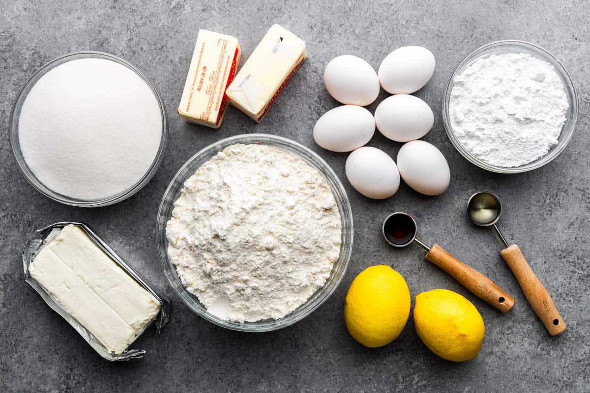 An overhead shot of the measured ingredients to make old fashioned lemon pound cake.