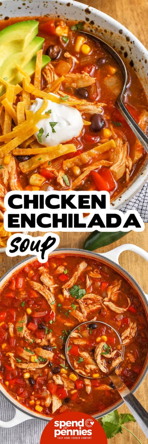 chicken enchilada soup in a bowl and a pot with writing