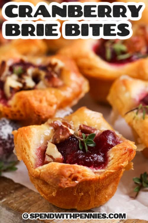 easy Cranberry Brie Bites on a plate with a title