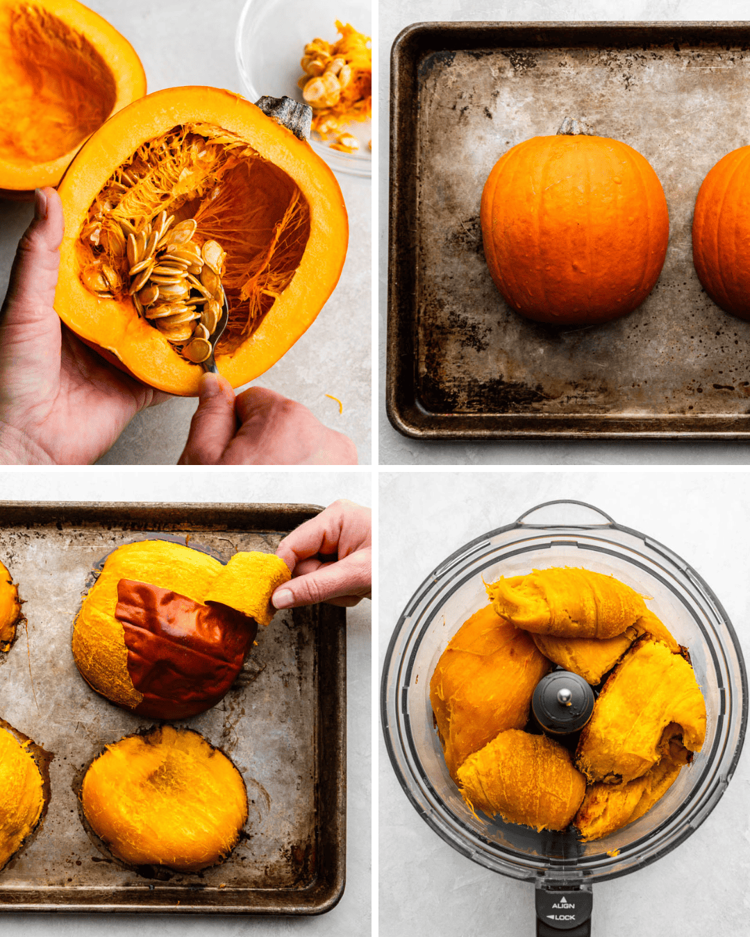 A collage image showing the steps of making homemade pumpkin puree.