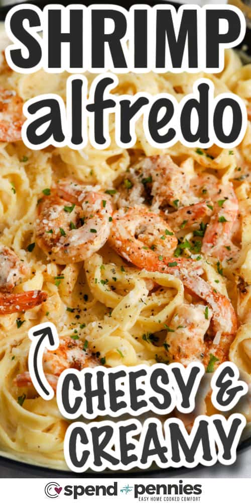 cheesy and creamy Shrimp Alfredo in the pan with writing