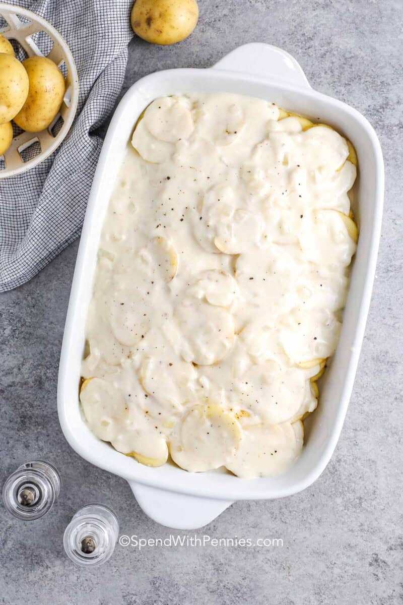 unbaked scalloped potatoes in a baking dish