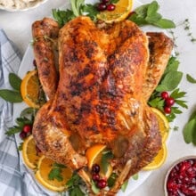 Thanksgiving Turkey on a plate with herbs , cranberries and orange slices