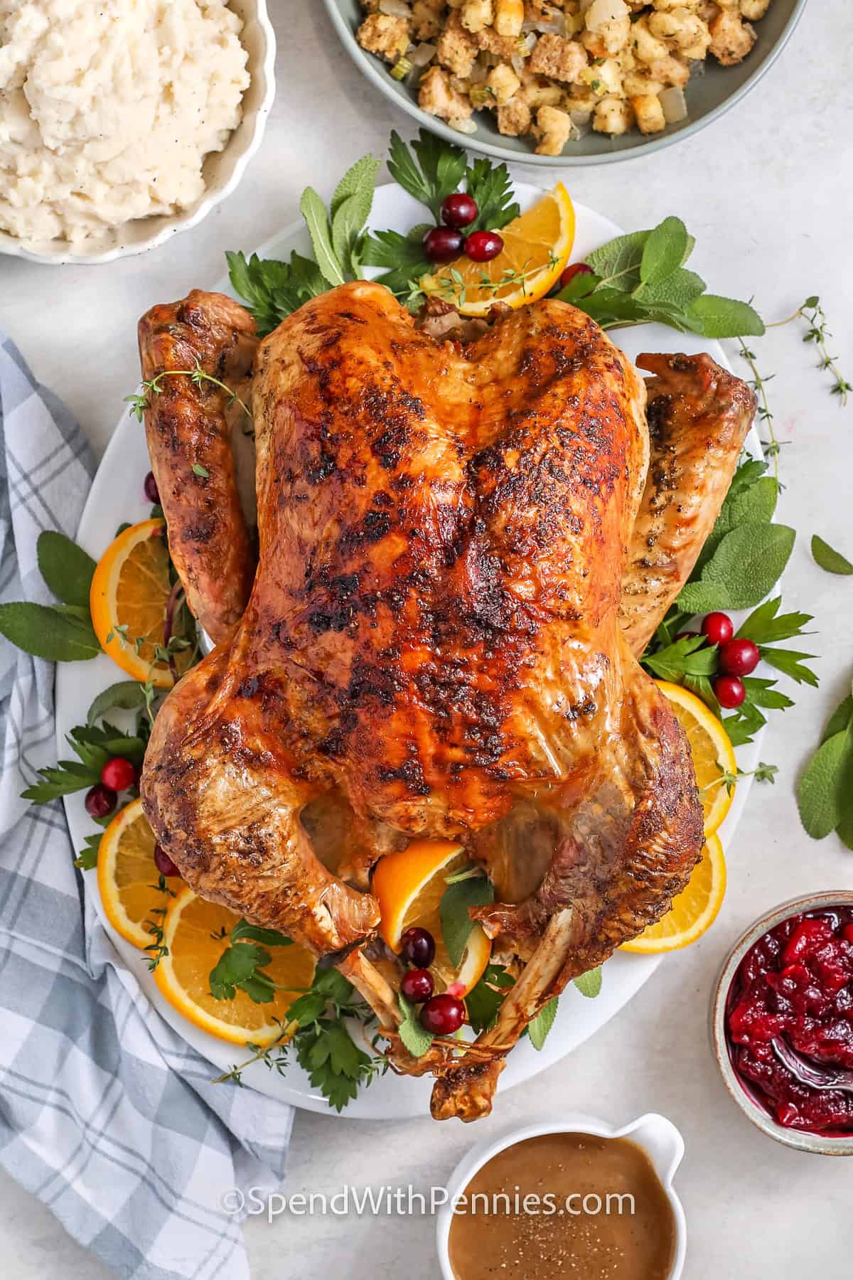 Thanksgiving Turkey on a plate with herbs , cranberries and orange slices