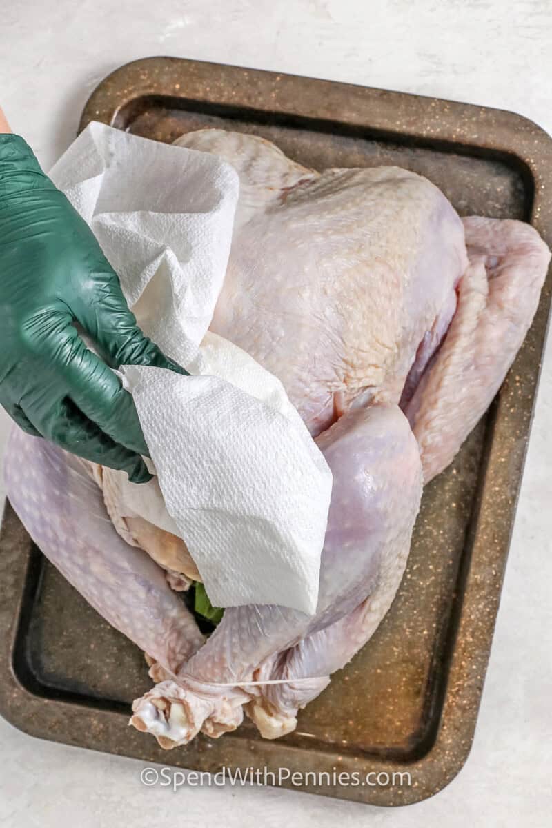 patting down turkey with paper towel to make Thanksgiving Turkey