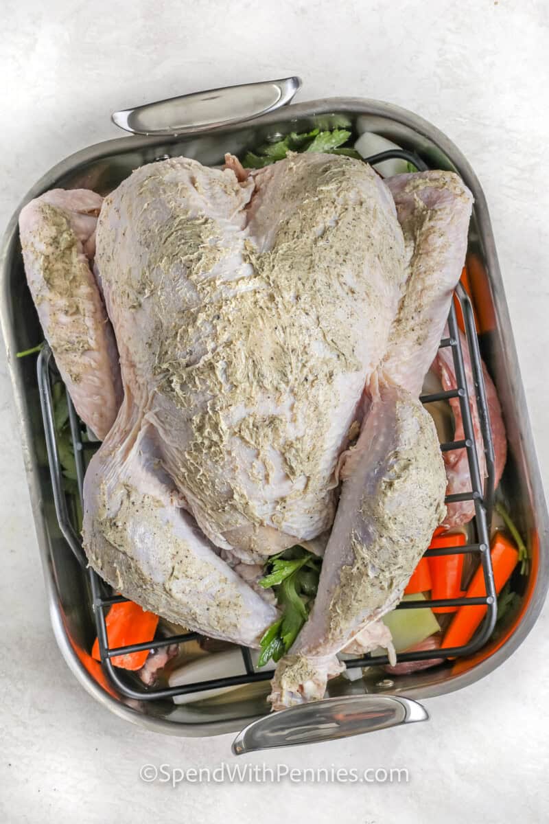 turkey in dish with vegetables before cooking to make a Thanksgiving Turkey