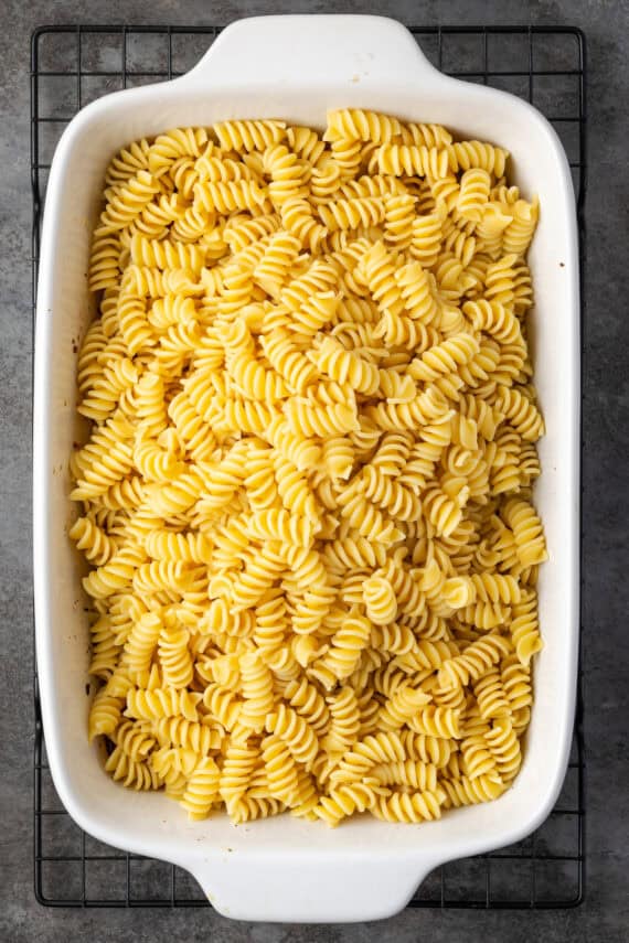 Rotini pasta added to the casserole with the baked Boursin pasta ingredients.