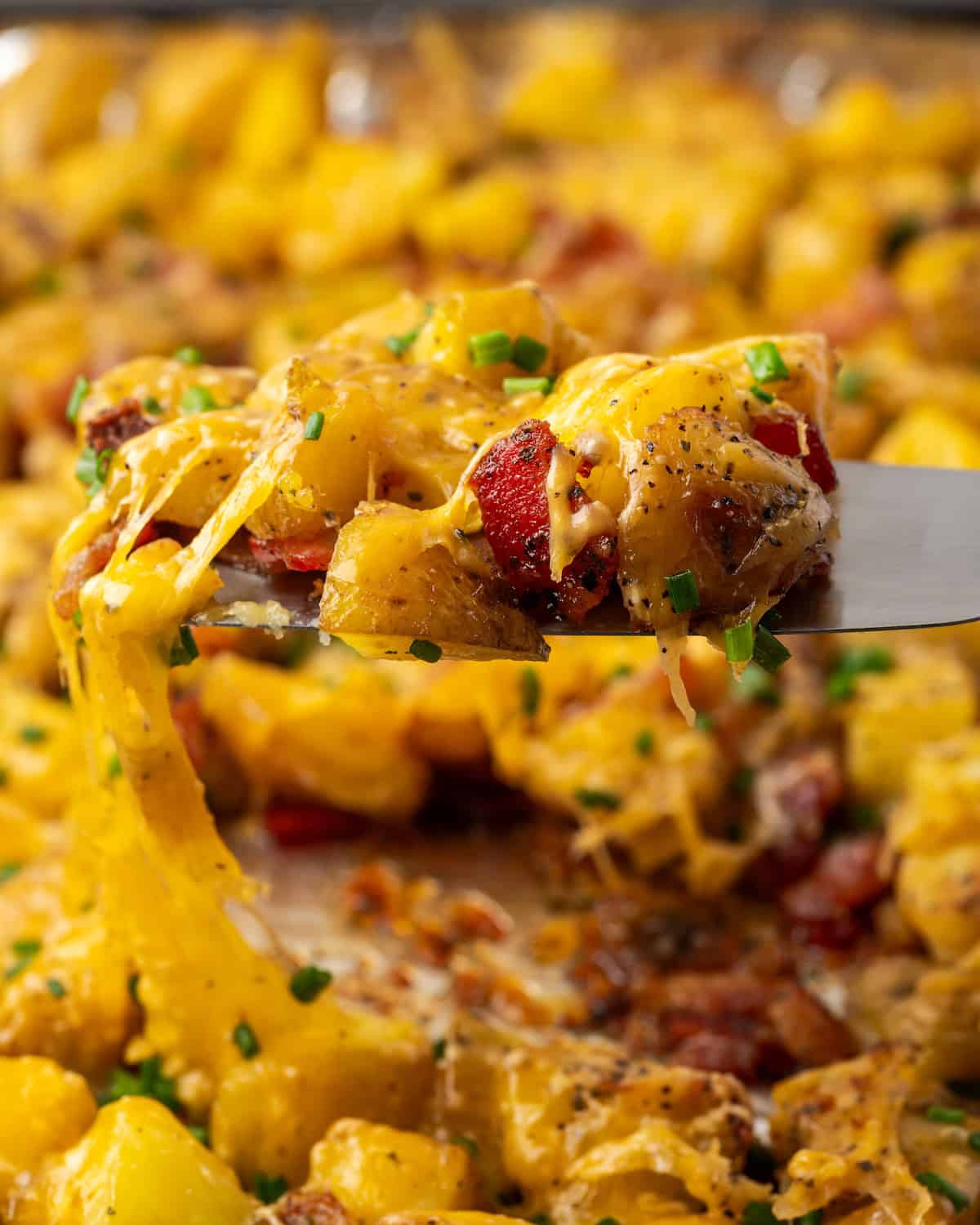 Close up of a spatula scooping cheesy ranch potatoes from a baking sheet.