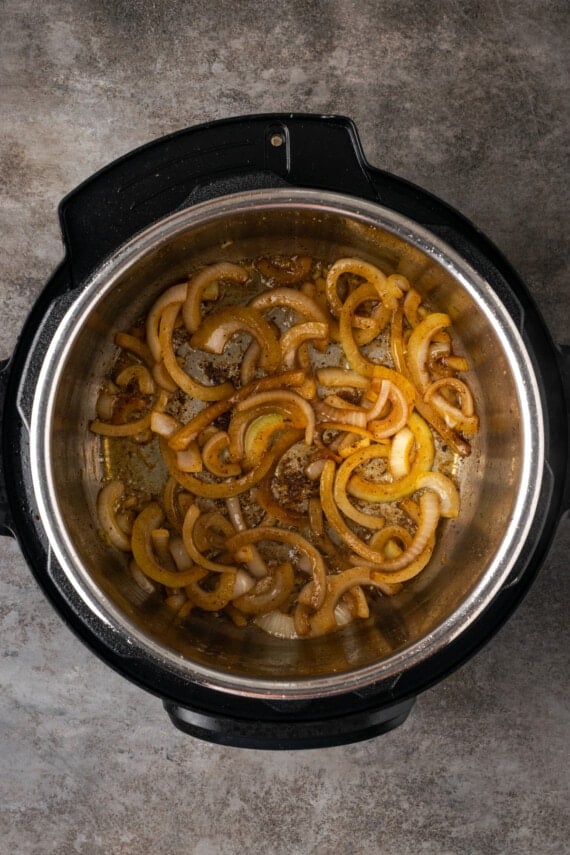 Sauteed onions inside the instant pot.