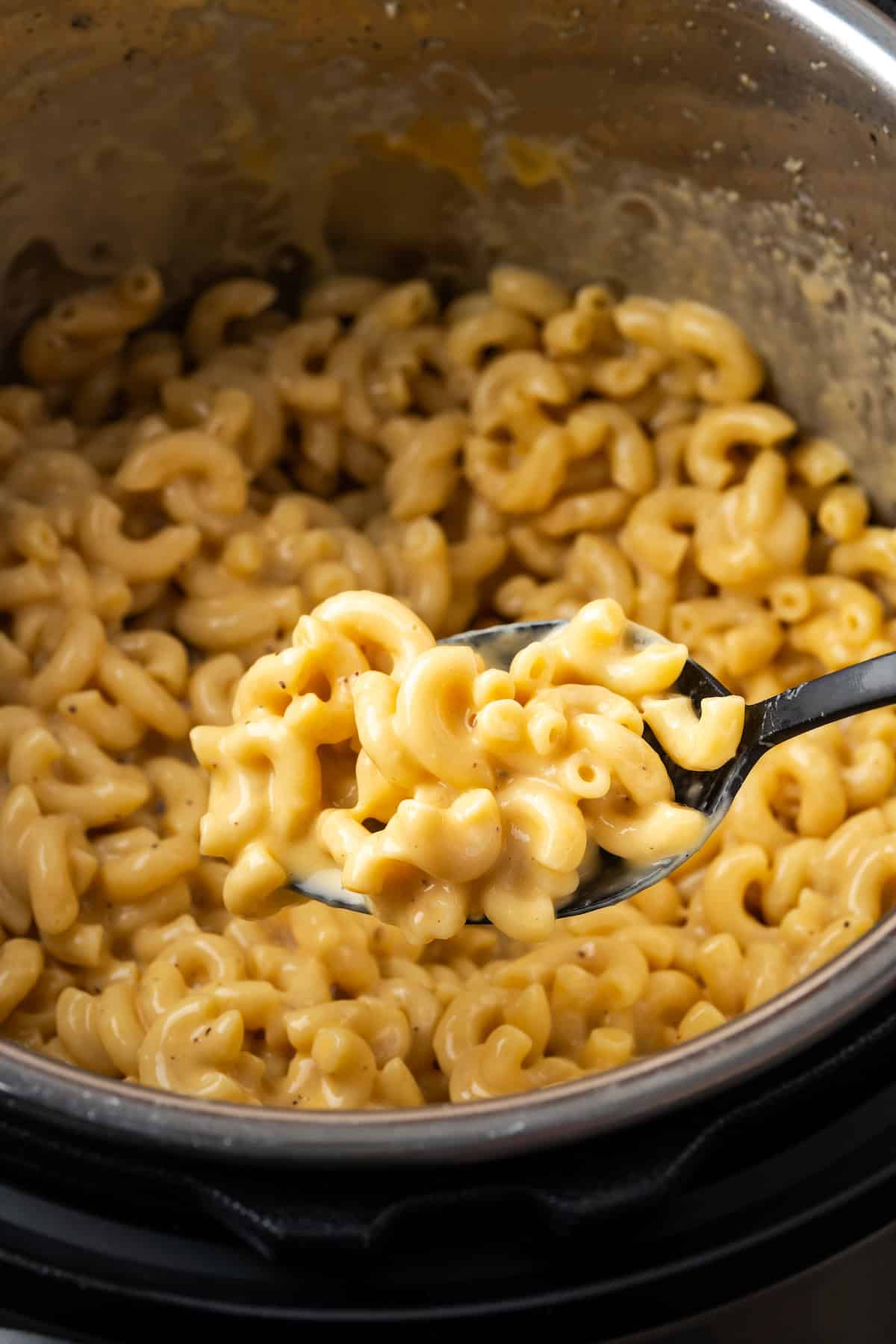 A spoonful of mac and cheese held over the Instant Pot.