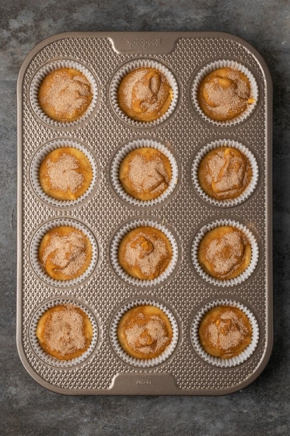 Overhead view of baked snickerdoodle cupcakes topped with cinnamon sugar in a cupcake pan.